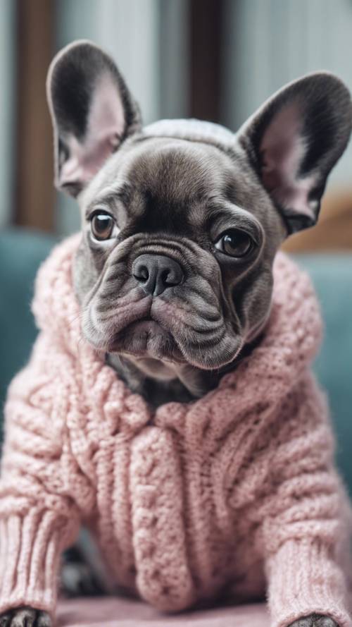 Anak anjing bulldog Perancis yang lucu mengenakan sweter rajutan berwarna merah muda pastel.