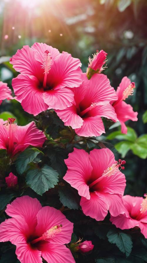 A cluster of bright pink hibiscus flowers basking under a midday sun in a tropical garden.