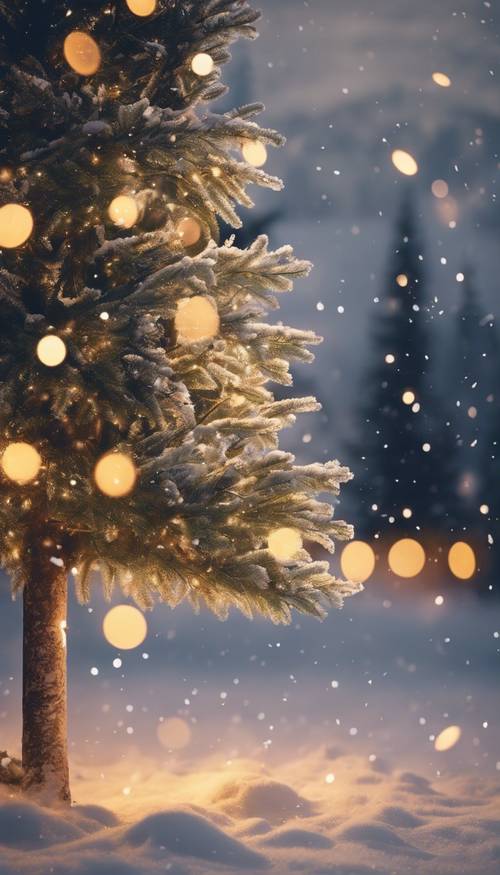 Un paisaje sereno y nevado con un único árbol de Navidad iluminado en el medio, que difunde un brillo cálido a su alrededor.