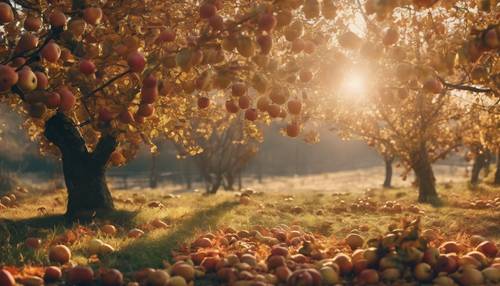 A crisp autumn scene with apple trees heavy with fruit, soft sunlight glinting on the wooded landscape.
