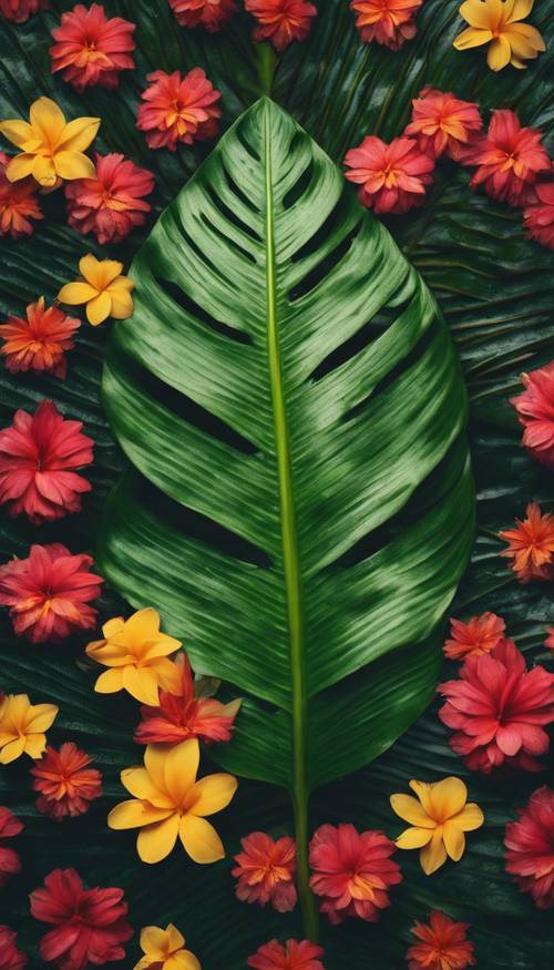Uma folha verde isolada da selva em cima de uma pilha de flores tropicais.