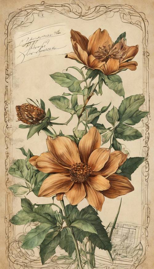 Pocztówka w stylu vintage przedstawiająca pięknie napisaną ilustrację kwiatową w kolorze brunatnym.