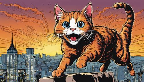 슈퍼 히어로 만화 고양이는 불타오르는 눈을 하고 불타는 일몰 동안 도시의 스카이라인을 향해 뛰어들었습니다.