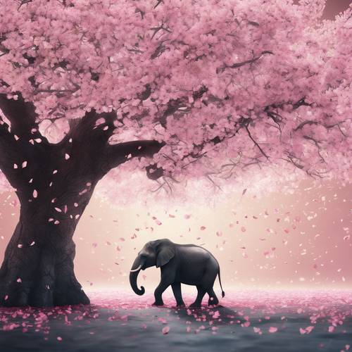 A silhouette of an elephant under a cherry blossom tree, fallen petals swirling around its large body.