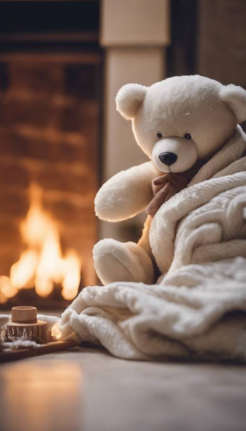 A snow-white teddy bear snuggling under a blanket beside a cozy fireplace.
