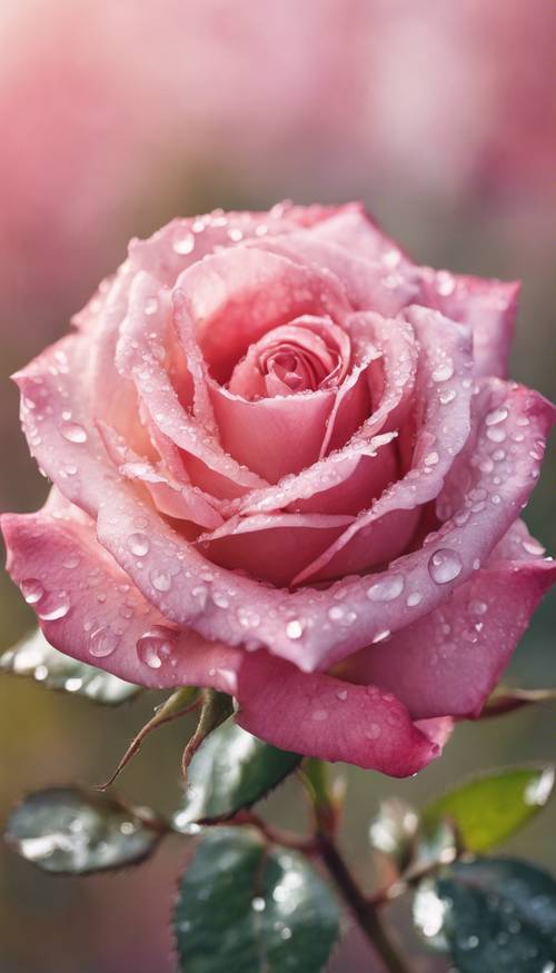 Potret cat air jarak dekat dari mawar merah muda dengan tetesan embun beraksen pada kelopaknya.