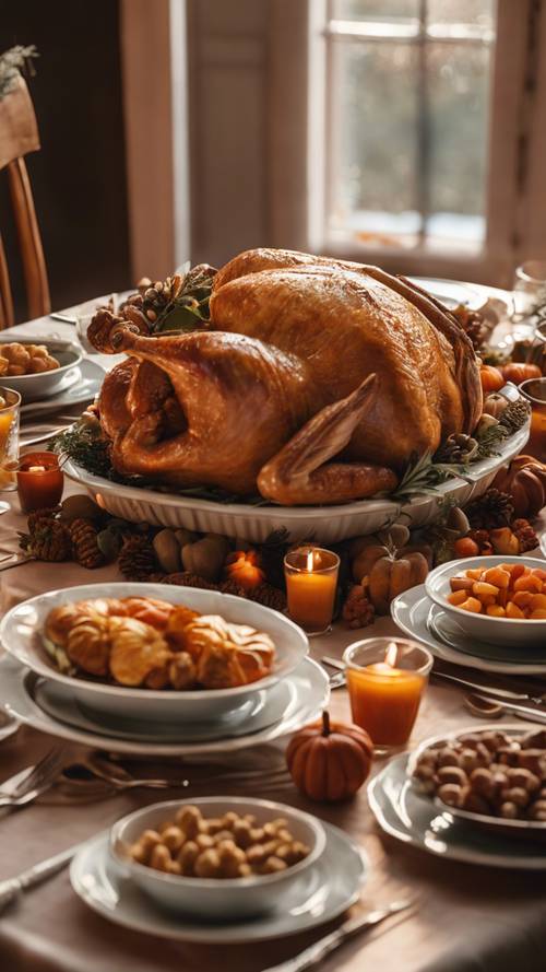 A traditional Thanksgiving dinner table set in warm lighting with a large roasted turkey in the center. Behang [ec3d6b0db1e14ca88836]