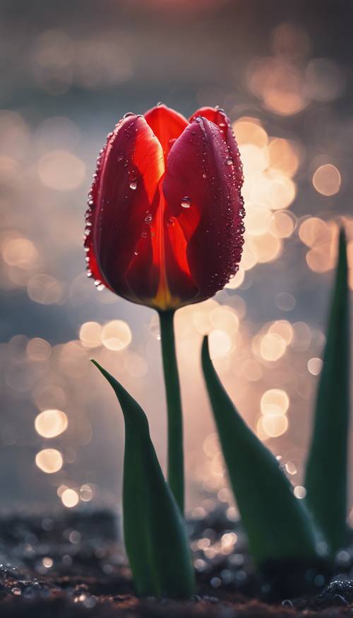 Uma tulipa vermelha com gotas de orvalho, fotografada ao amanhecer.