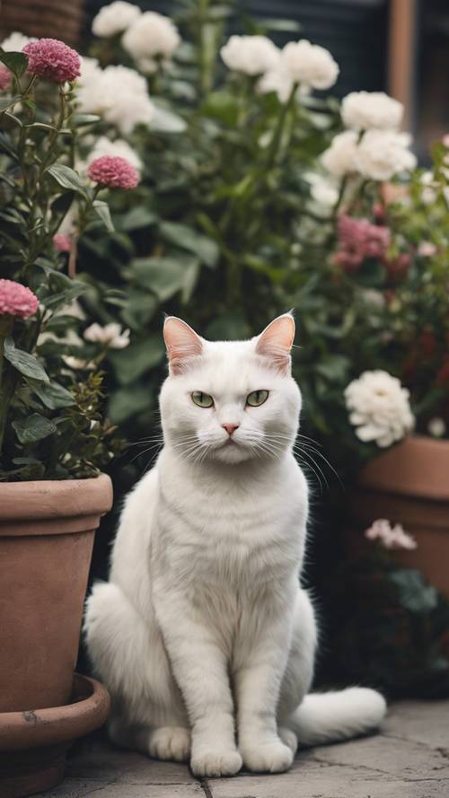 Um velho gato branco mal-humorado sentado em frente a um vaso de flores, olhando para a câmera.