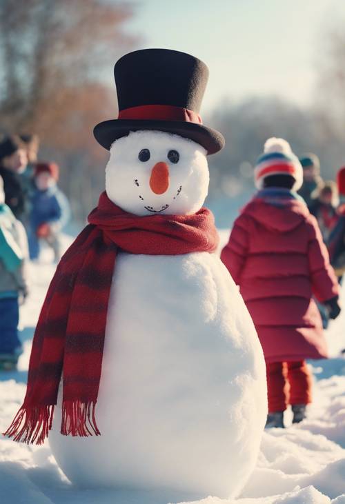 A happy snowman wearing a top hat and a red scarf, surrounded by playful children in warm, colorful coats, on a sunny Christmas morning. کاغذ دیواری [56d59f0eed5342019b28]