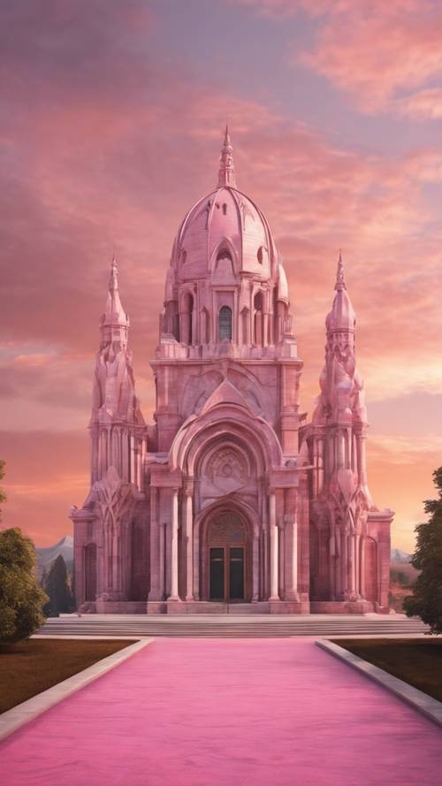 Katedral marmer merah muda dengan menara tinggi, menghadap matahari terbenam.