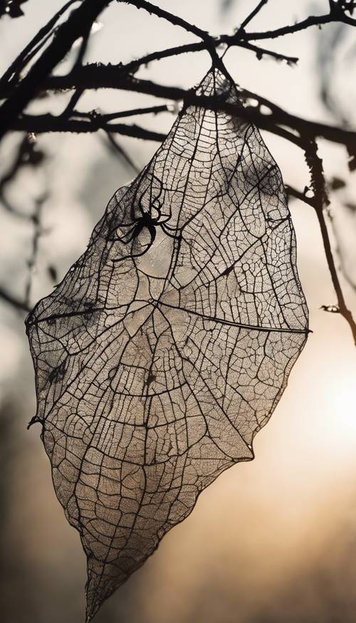 A silhouetted black leaf caught in a spider's web, glistening beautifully within the soft pale dawn light. Tapeta [b08cc5e184ab4b098756]