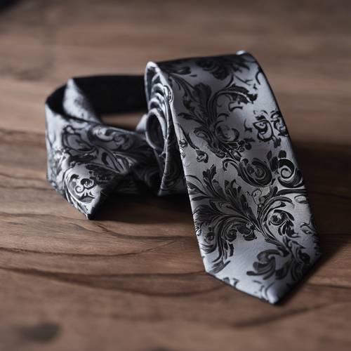 Black and gray damask silk tie lying on a polished mahogany desktop.