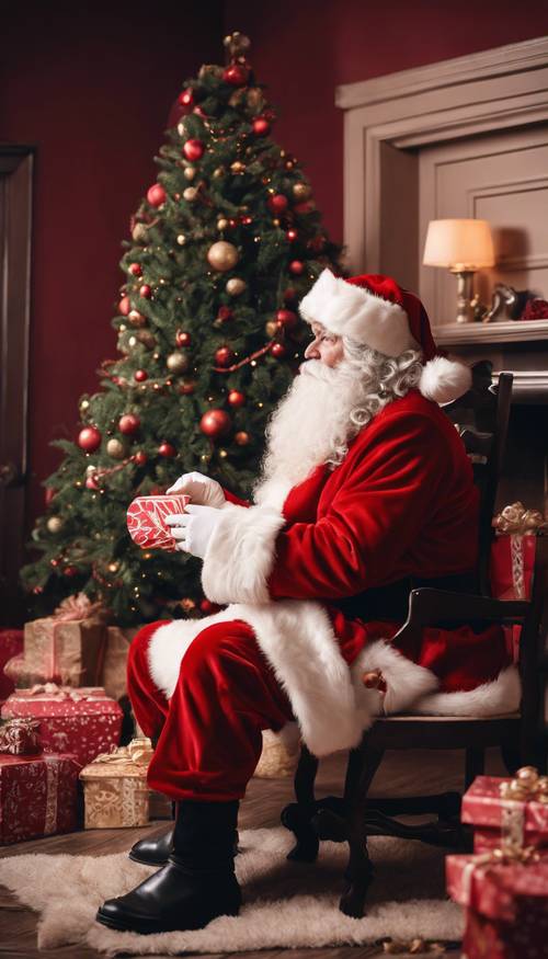 Santa Claus in a velvety red suit, sneaking presents under a Christmas tree, with a milk and cookies left by the fireplace.