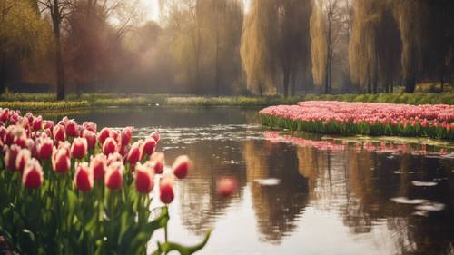 A tulip garden reflecting in the calm waters of a lake.