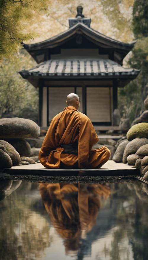 A solitary monk meditating in a tranquil Zen garden. Tapet [202858ecb99d42198117]