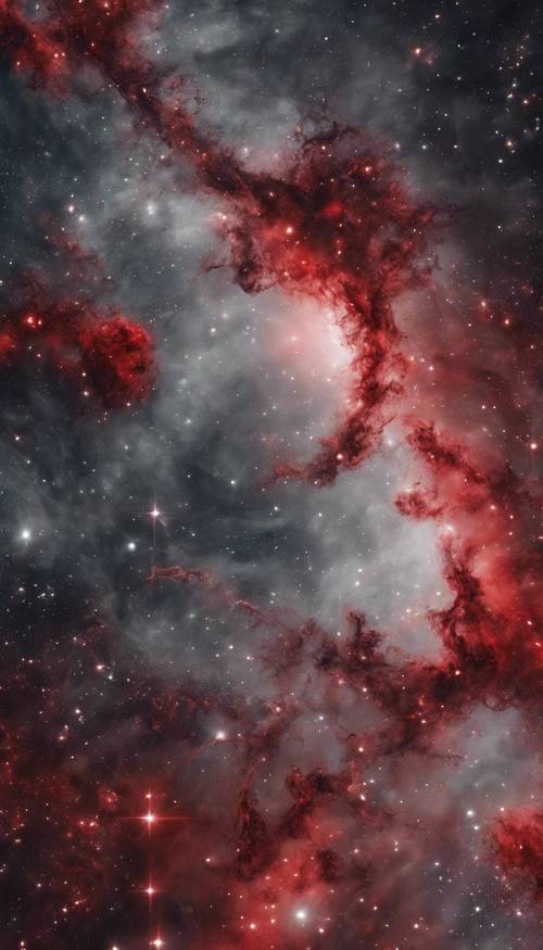 A surrealistic scene of a gray space galaxy with red nebulae.