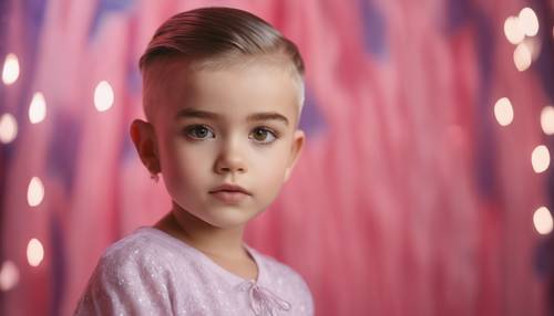 Fashion forward, little girl showcasing a modern haircut on a vibrant background.