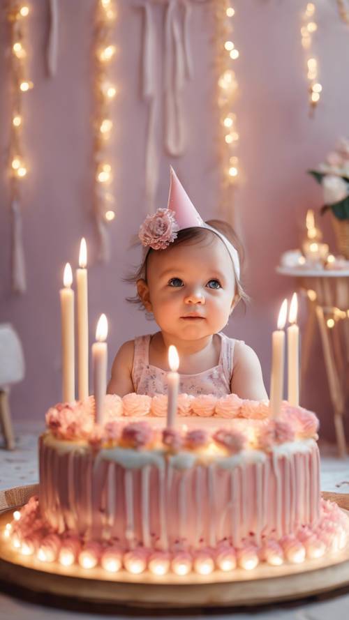 촛불 하나를 들고 커다란 생일 케이크 앞에 앉아 있는 여자 아기.