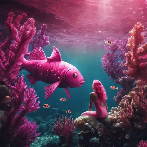 A scared pink mermaid hidden behind a reef, observing an intrusive submarine.