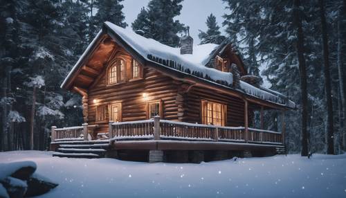 A quaint log cabin nestled in the heart of a snowy forest with a cloudless sky and the moon shining brightly overhead.