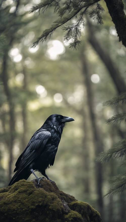 Penggambaran seekor gagak hitam pekat di tengah hutan kuno Jepang.