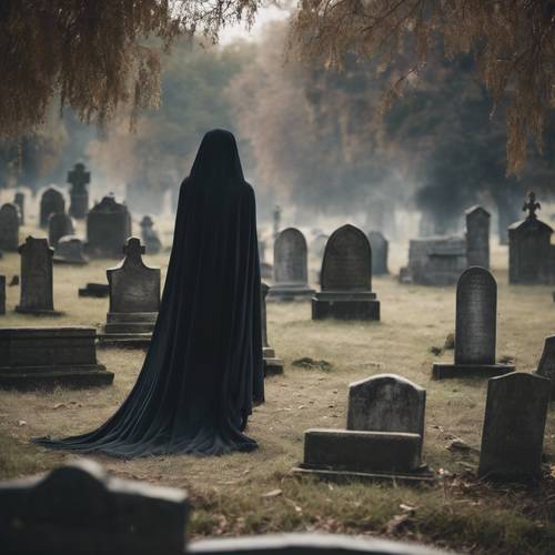 A ghostly spectre draped in black gliding ominously across an ancient graveyard.