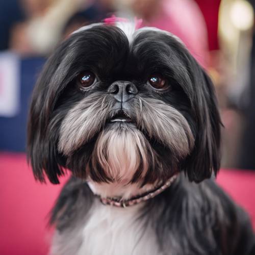 A well-groomed black Shih Tzu dog posing happily at a dog show