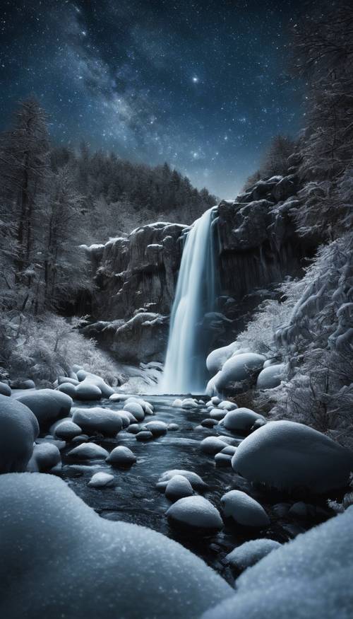 Cachoeira congelada contra um céu estrelado da meia-noite.