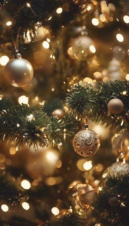 Un albero di Natale decorato con gusto con ornamenti beige e dorati, che brilla dolcemente nella luce della sera.