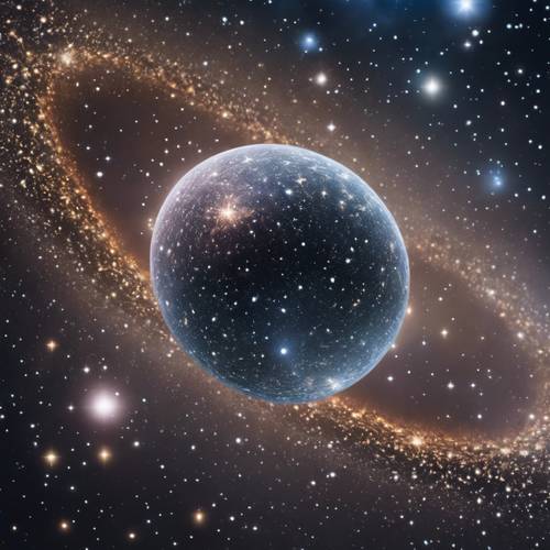 Ein komplexes Kunstwerk, das eine elliptische Galaxie darstellt, geschmückt mit unzähligen Sternen und Himmelskörpern.
