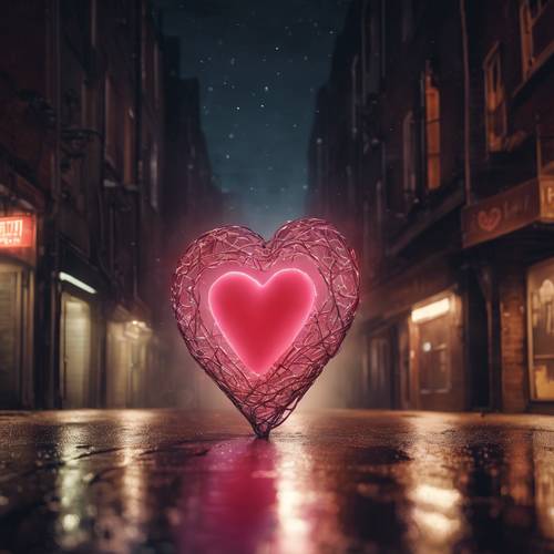 A floating neon heart illuminating a dark, foggy alley at night. Wallpaper [479e7f558eb94e3a9876]