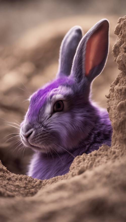 Un coniglio viola addormentato nel comfort della sua tana, avvolto nelle ombre e nelle morbide tonalità della terra.