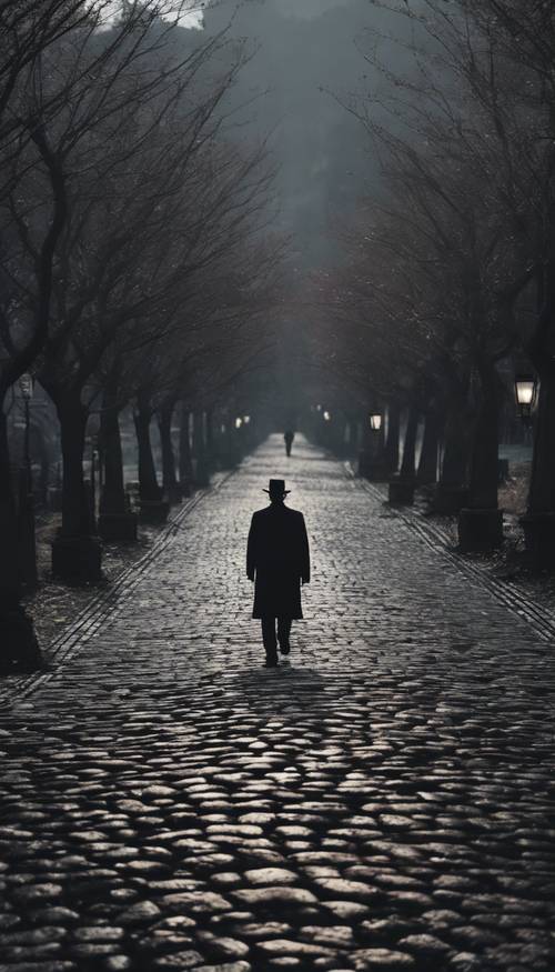A dark landscape bearing a solitary figure walking down a black cobblestone path. Tapet [1173bb5e39af40b491f5]