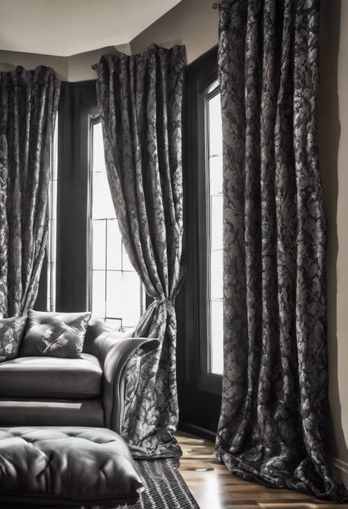 A wide-angle room view showcasing black and gray damask patterned drapes and matching throw cushions.