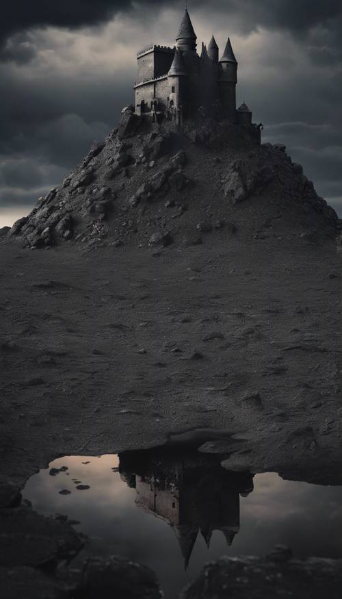 The distant view of a charcoal black castle standing in a barren black landscape.