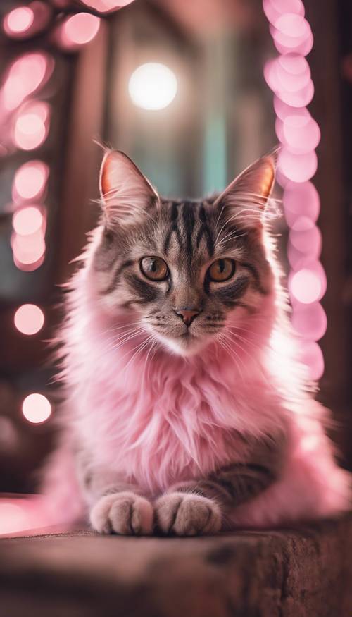 Um gato com uma aura rosa claro brilhando vibrantemente ao seu redor.