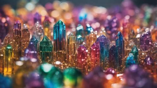 A whimsical cityscape where all buildings are shaped like rainbow-infused crystal formations.
