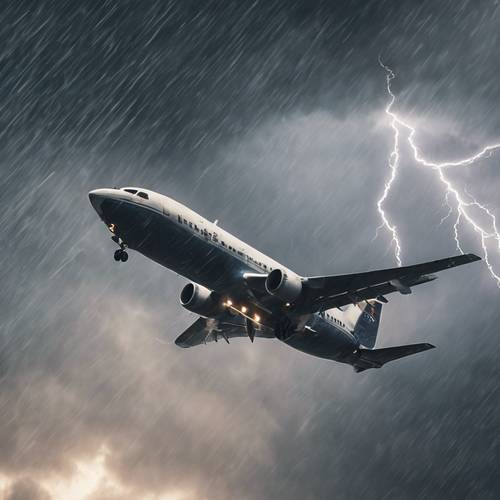 An airplane piercing through an ominous thunderstorm. Tapet [2027b4faff4e42ec9022]