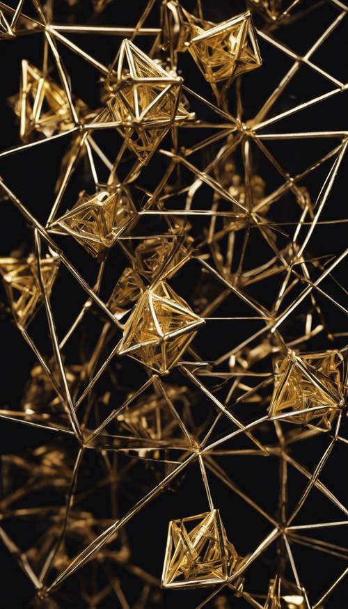 Several intricately interconnected golden tetrahedrons floating against a black background. Tapeta [9d53c887a37644929599]