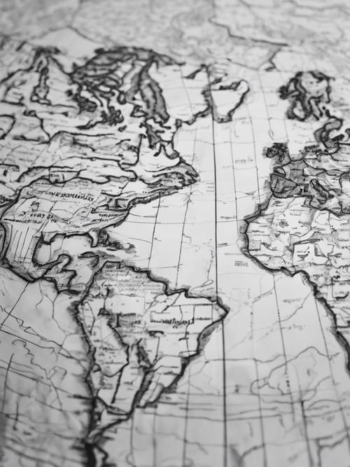 Moleskine not defterinde keçeli kalemle çizilmiş gri tonlamalı bir dünya haritası.