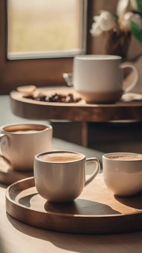 Beigefarbene, minimalistische Kaffeebecher, arrangiert auf einem Holztablett mit einer dampfenden Tasse Kaffee.