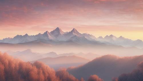 Art pastel abstrait représentant les teintes douces d’une chaîne de montagnes au lever du soleil.