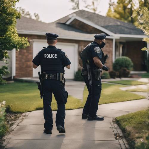 Police officers executing a search warrant in a quiet suburban neighborhood