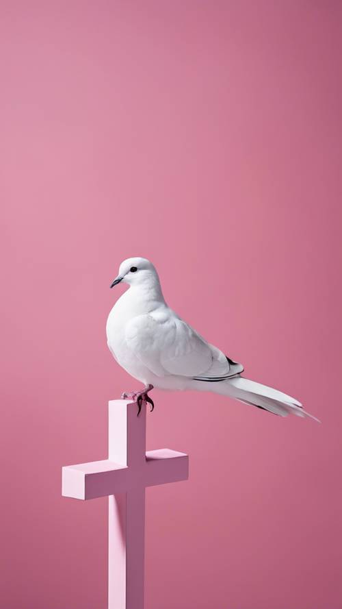 미니멀한 스타일로 묘사된 분홍색 십자가 위에 외로운 흰색 비둘기가 앉아 있습니다.