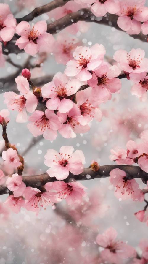 Oryantal pirinç kağıdının üzerinde zarif pembe Sakura çiçekleriyle pitoresk bir Suluboya deseni.