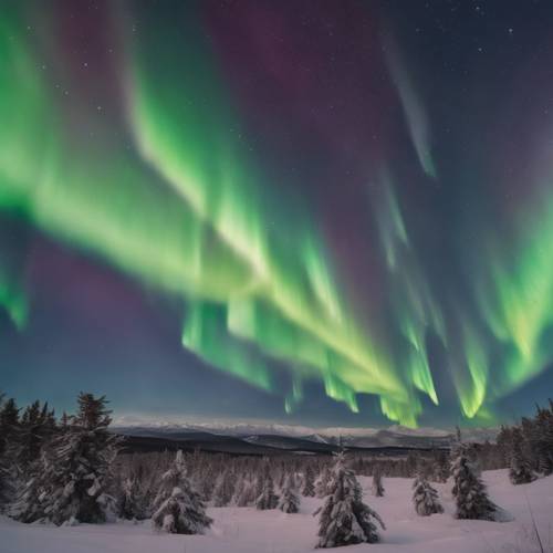 Die Vorhänge der Aurora Borealis werden für die Dämmerung inszeniert; Sonne und Mond unterbrechen ihre Reise, um das Schauspiel zu bewundern.