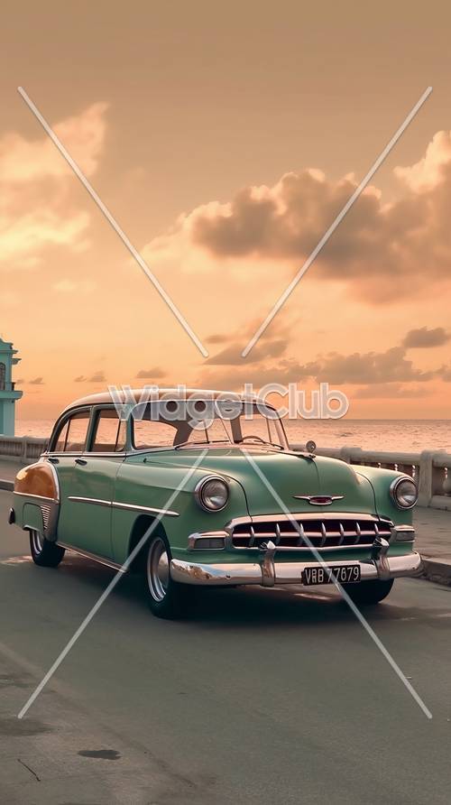 Pôr do sol vintage e cena de carro clássico
