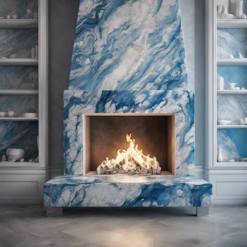 Une cheminée sereine en pierre marbrée avec des motifs complexes blancs et bleu céruléen.