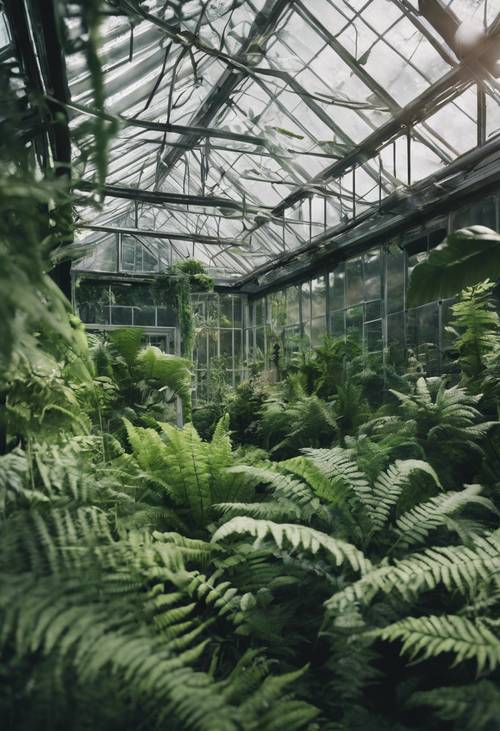 鸟瞰图：一座极简主义风格的温室，里面长满了茂盛的绿色蕨类植物。